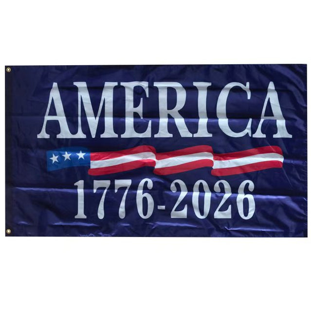 Flag with 'AMERICA 1776-2026' text and American flag design on a blue background